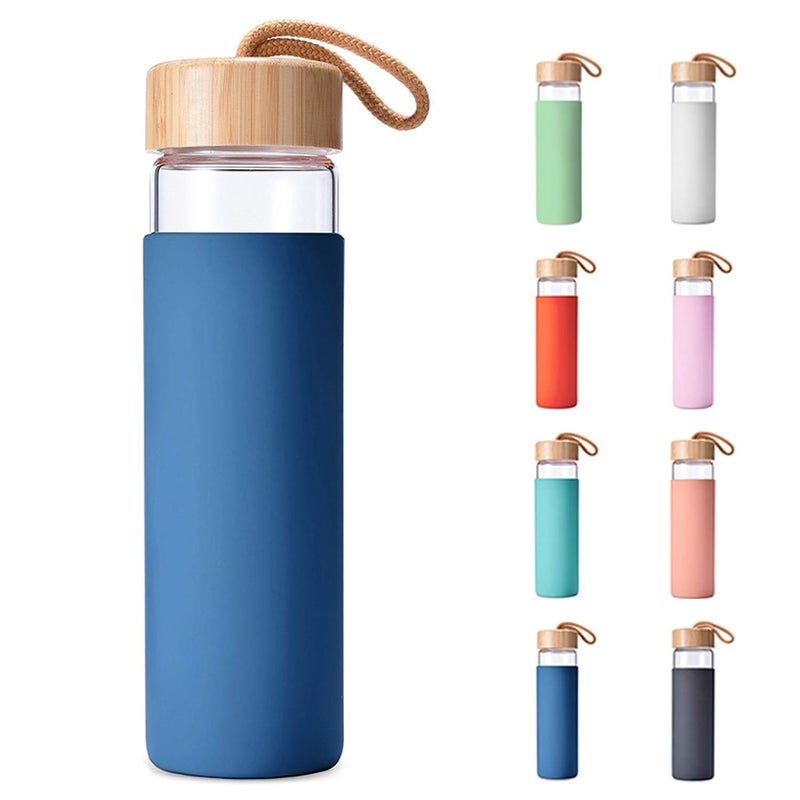 Yomious 20 Oz Borosilicate Glass Water Bottles with Silicone Sleeve BPA Free, Dishwasher Safe - Reusable Clear Glass Drinking with Leak Proof Bamboo Lid | Perfect Gym Water Bottles for Men & Women - Image 1